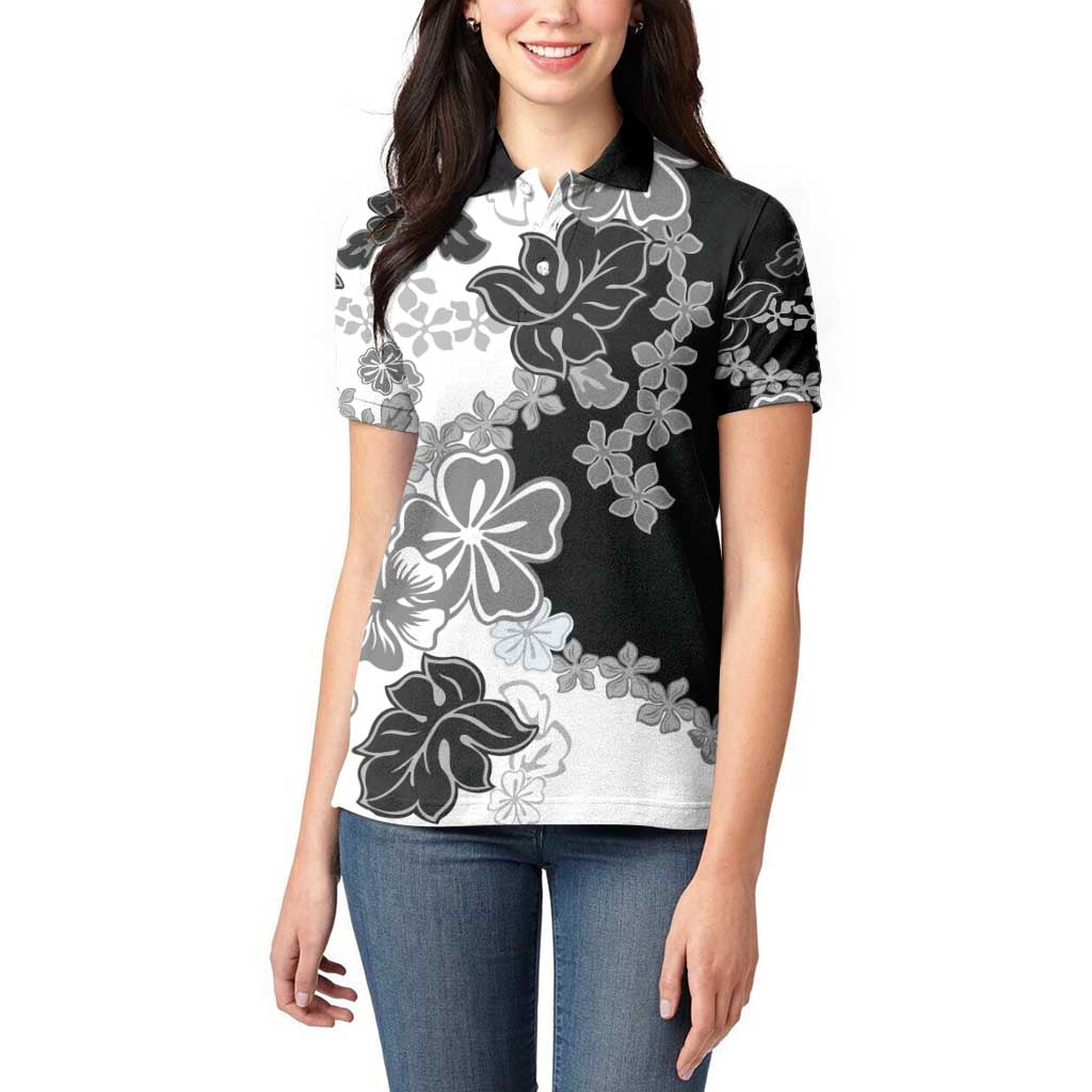 Gray Scale Hibiscus Plumeria Floral Women Polo Shirt - Polynesian Pride