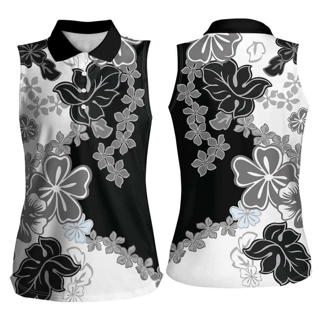 Gray Scale Hibiscus Plumeria Floral Women Sleeveless Polo Shirt - Polynesian Pride