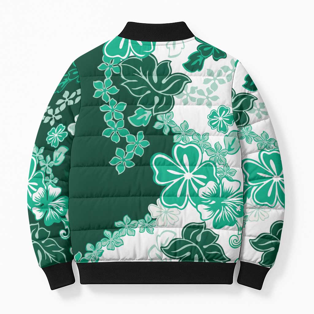 Green Hibiscus Plumeria Floral Bomber Puffer Jacket - Polynesian Pride