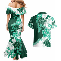 Green Hibiscus Plumeria Floral Couples Matching Mermaid Dress and Hawaiian Shirt LT01 - Polynesian Pride