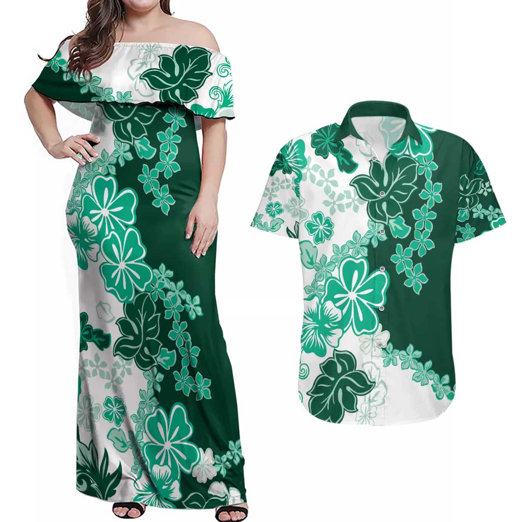 Green Hibiscus Plumeria Floral Couples Matching Off Shoulder Maxi Dress and Hawaiian Shirt LT01 Green - Polynesian Pride