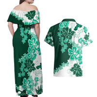Green Hibiscus Plumeria Floral Couples Matching Off Shoulder Maxi Dress and Hawaiian Shirt LT01 - Polynesian Pride