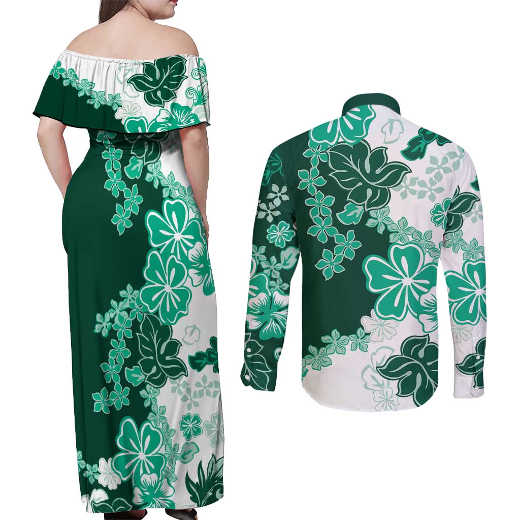 Green Hibiscus Plumeria Floral Couples Matching Off Shoulder Maxi Dress and Long Sleeve Button Shirt - Polynesian Pride