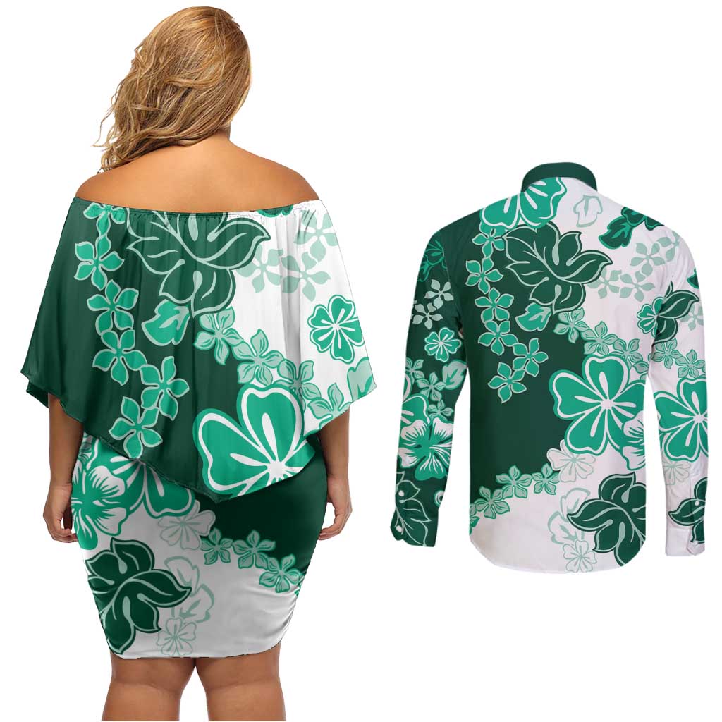 Green Hibiscus Plumeria Floral Couples Matching Off Shoulder Short Dress and Long Sleeve Button Shirt LT01 - Polynesian Pride
