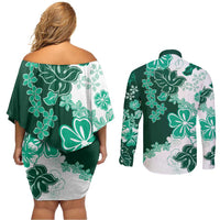 Green Hibiscus Plumeria Floral Couples Matching Off Shoulder Short Dress and Long Sleeve Button Shirt LT01 - Polynesian Pride