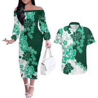 Green Hibiscus Plumeria Floral Couples Matching Off The Shoulder Long Sleeve Dress and Hawaiian Shirt LT01 Green - Polynesian Pride