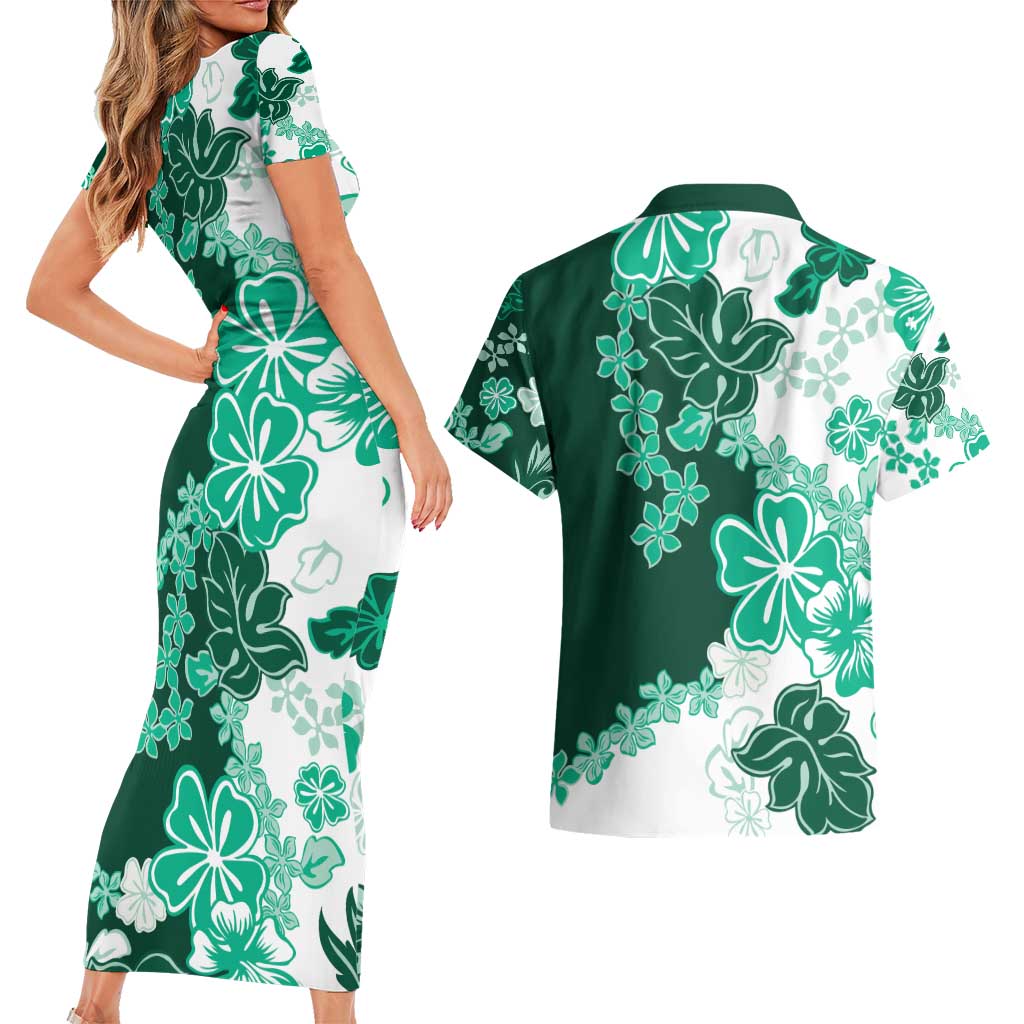 Green Hibiscus Plumeria Floral Couples Matching Short Sleeve Bodycon Dress and Hawaiian Shirt LT01 - Polynesian Pride