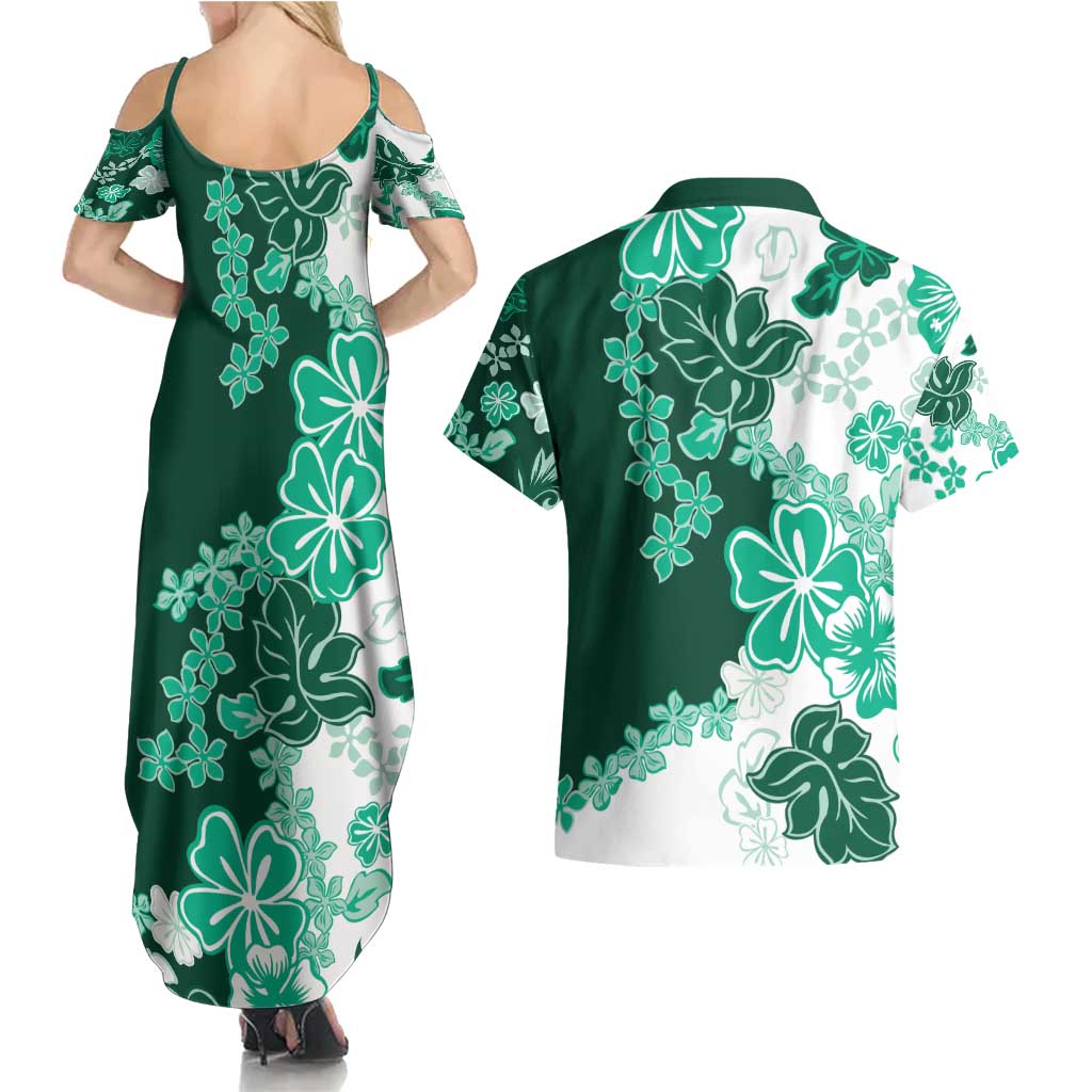 Green Hibiscus Plumeria Floral Couples Matching Summer Maxi Dress and Hawaiian Shirt LT01 - Polynesian Pride