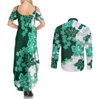 Green Hibiscus Plumeria Floral Couples Matching Summer Maxi Dress and Long Sleeve Button Shirt - Polynesian Pride