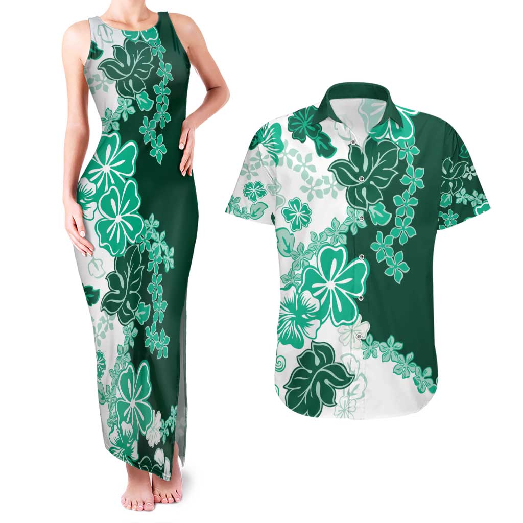 Green Hibiscus Plumeria Floral Couples Matching Tank Maxi Dress and Hawaiian Shirt LT01 Green - Polynesian Pride