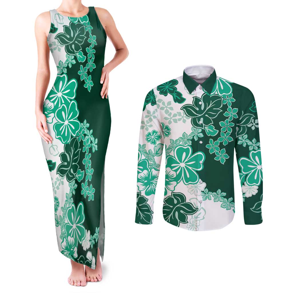 Green Hibiscus Plumeria Floral Couples Matching Tank Maxi Dress and Long Sleeve Button Shirt LT01 Green - Polynesian Pride