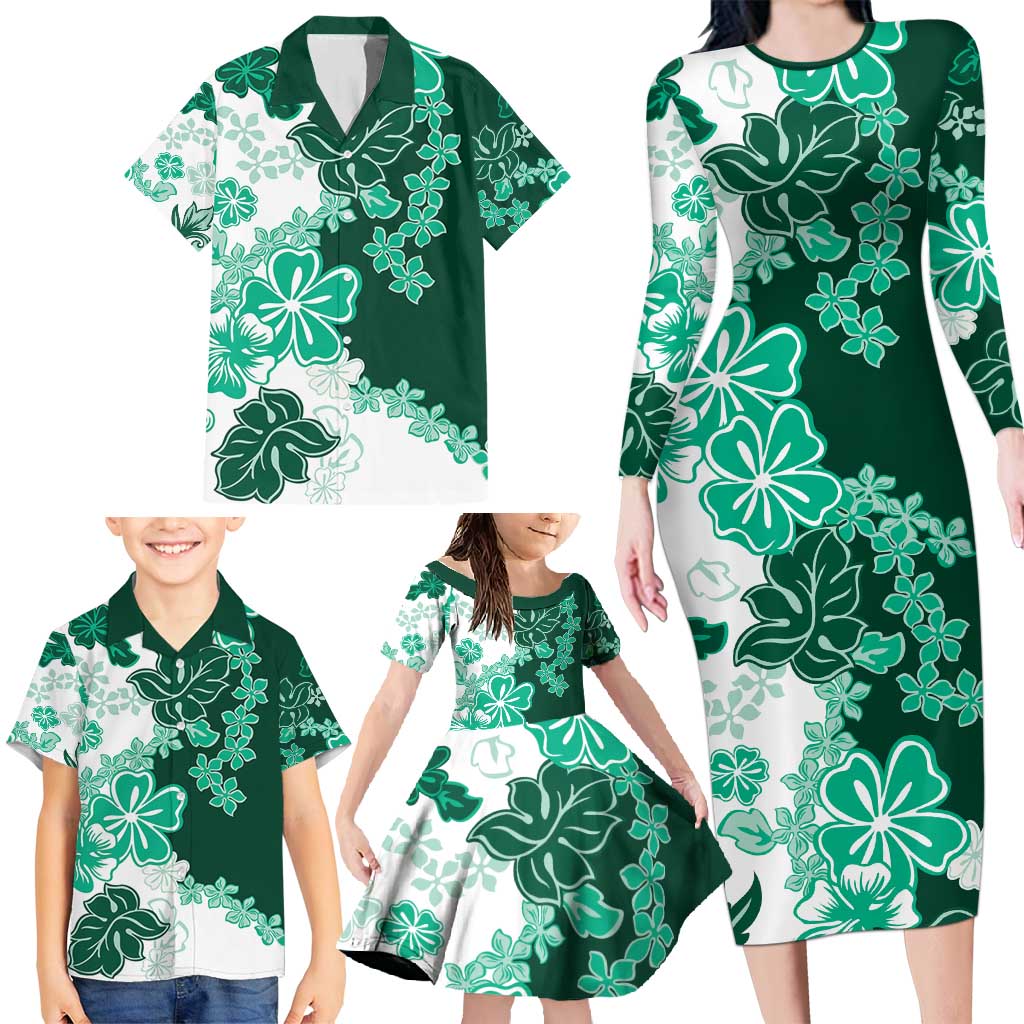 Green Hibiscus Plumeria Floral Family Matching Long Sleeve Bodycon Dress and Hawaiian Shirt LT01 - Polynesian Pride