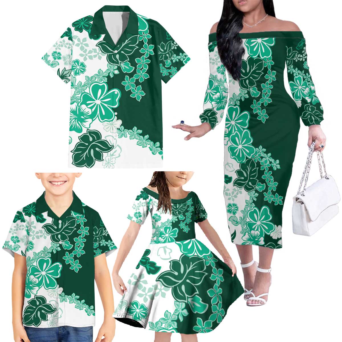 Green Hibiscus Plumeria Floral Family Matching Off The Shoulder Long Sleeve Dress and Hawaiian Shirt LT01 - Polynesian Pride