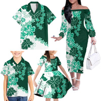 Green Hibiscus Plumeria Floral Family Matching Off The Shoulder Long Sleeve Dress and Hawaiian Shirt LT01 - Polynesian Pride