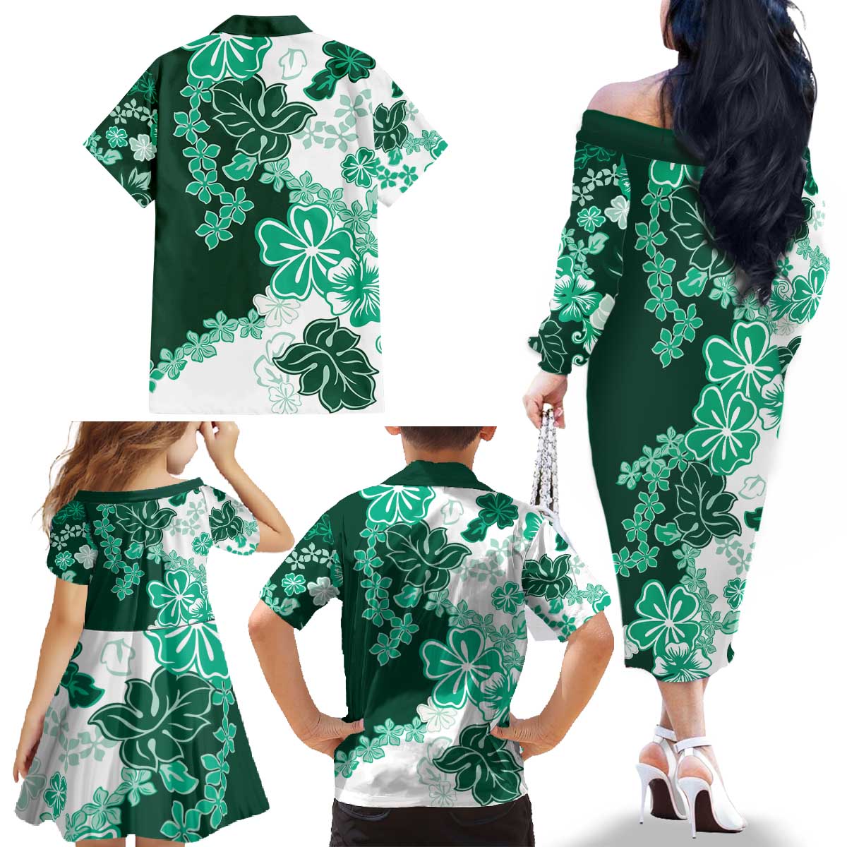 Green Hibiscus Plumeria Floral Family Matching Off The Shoulder Long Sleeve Dress and Hawaiian Shirt LT01 - Polynesian Pride