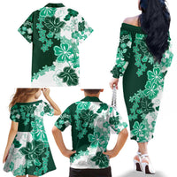 Green Hibiscus Plumeria Floral Family Matching Off The Shoulder Long Sleeve Dress and Hawaiian Shirt LT01 - Polynesian Pride