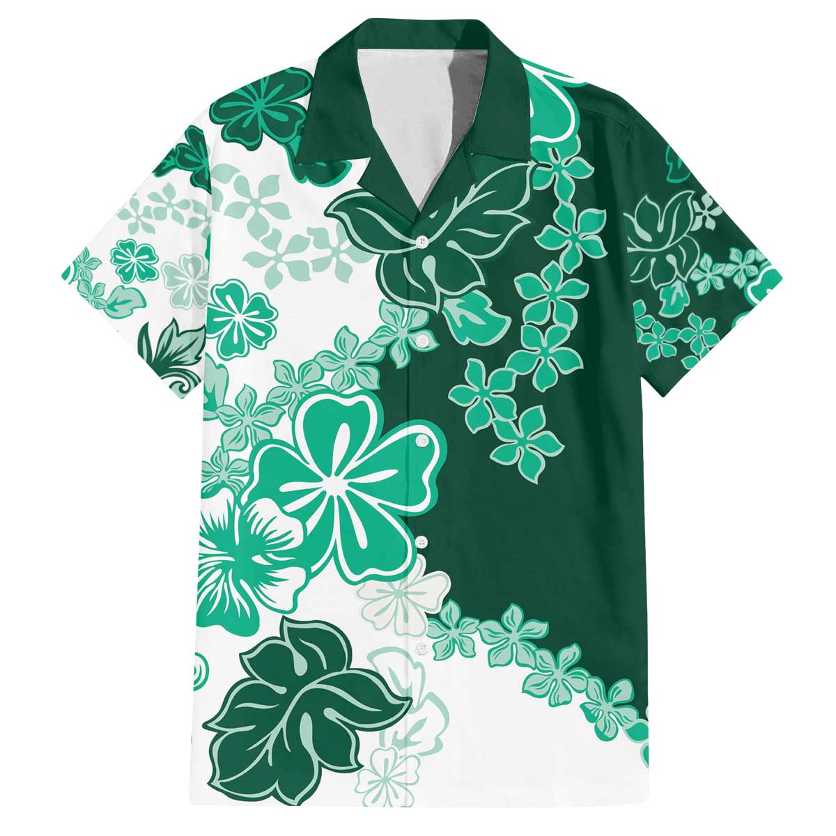 Green Hibiscus Plumeria Floral Family Matching Off The Shoulder Long Sleeve Dress and Hawaiian Shirt LT01 Dad's Shirt - Short Sleeve Green - Polynesian Pride