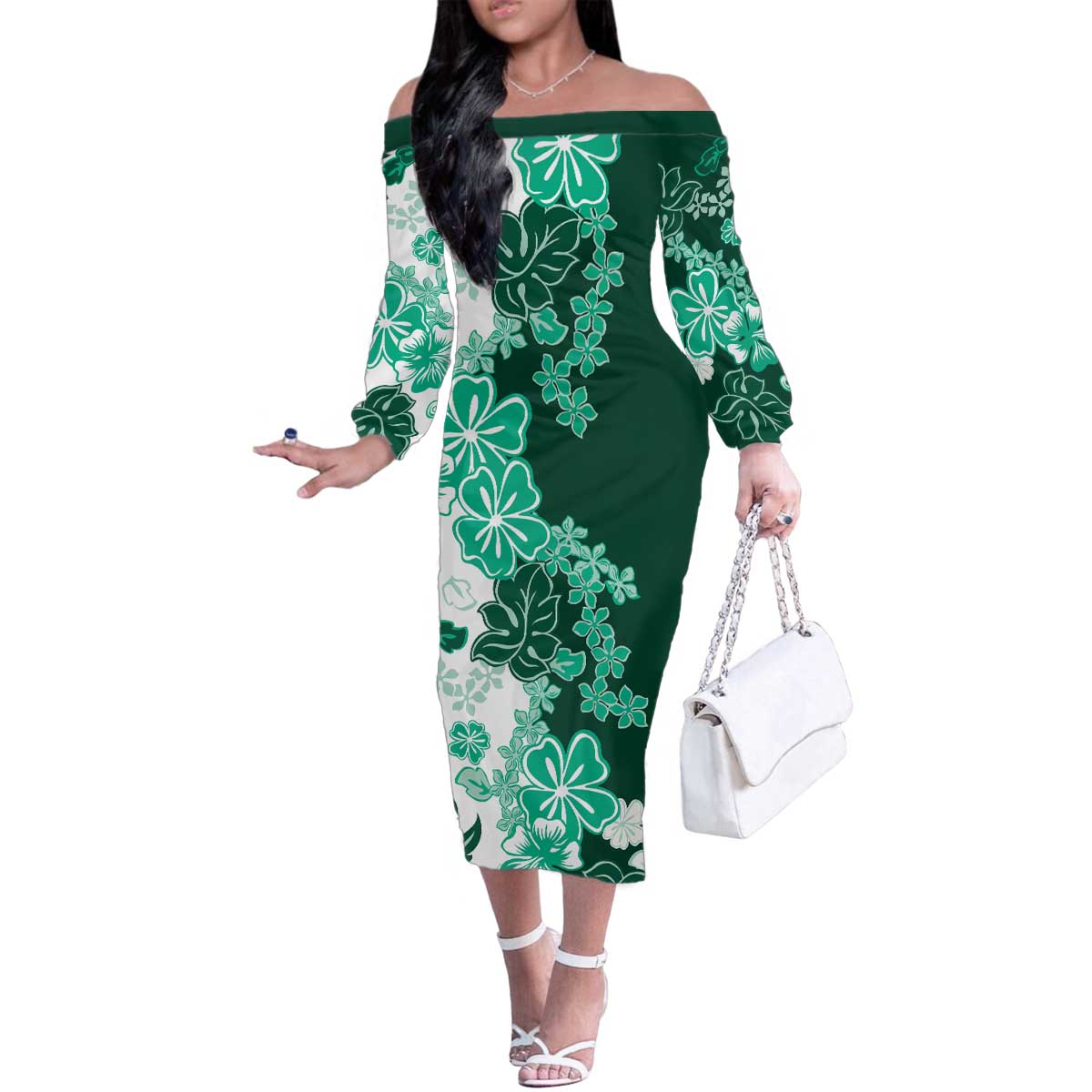 Green Hibiscus Plumeria Floral Family Matching Off The Shoulder Long Sleeve Dress and Hawaiian Shirt LT01 Mom's Dress Green - Polynesian Pride
