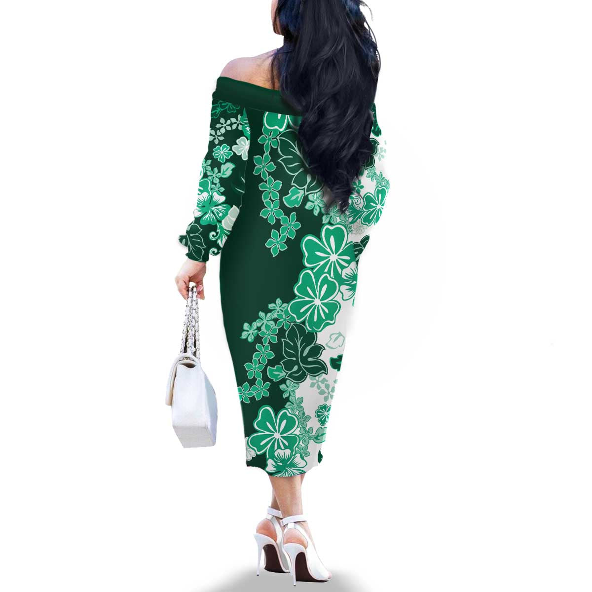 Green Hibiscus Plumeria Floral Family Matching Off The Shoulder Long Sleeve Dress and Hawaiian Shirt LT01 - Polynesian Pride