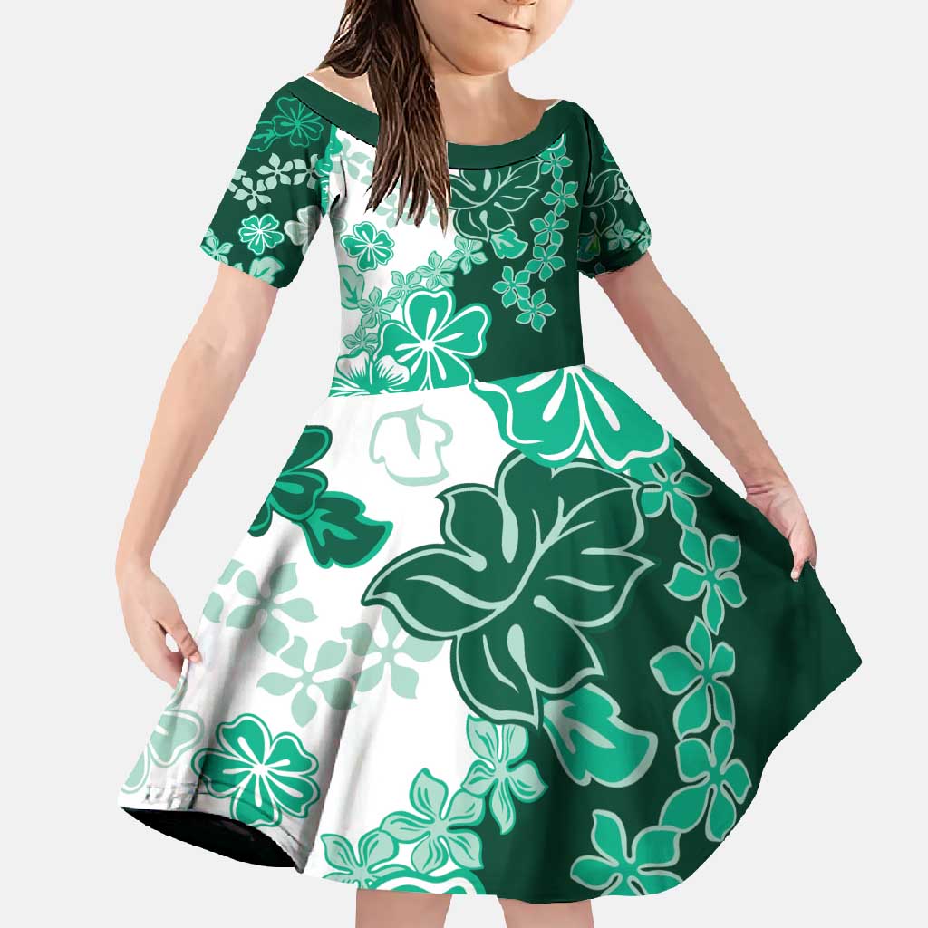 Green Hibiscus Plumeria Floral Family Matching Off Shoulder Maxi Dress and Hawaiian Shirt LT01 Daughter's Dress Green - Polynesian Pride