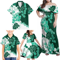 Green Hibiscus Plumeria Floral Family Matching Off Shoulder Maxi Dress and Hawaiian Shirt LT01 - Polynesian Pride