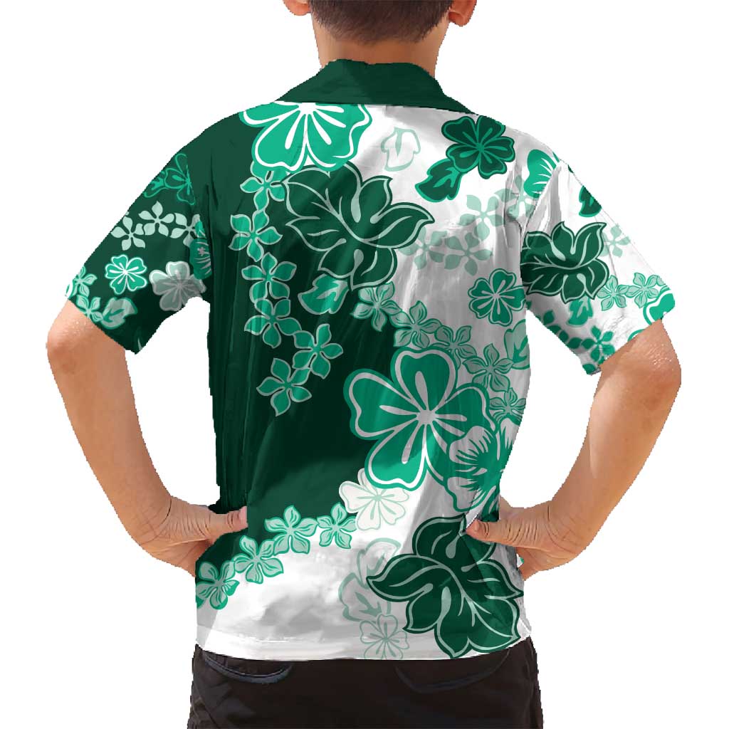 Green Hibiscus Plumeria Floral Family Matching Off Shoulder Short Dress and Hawaiian Shirt LT01 - Polynesian Pride