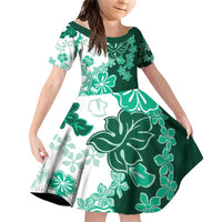 Green Hibiscus Plumeria Floral Family Matching Off Shoulder Short Dress and Hawaiian Shirt LT01 Daughter's Dress Green - Polynesian Pride