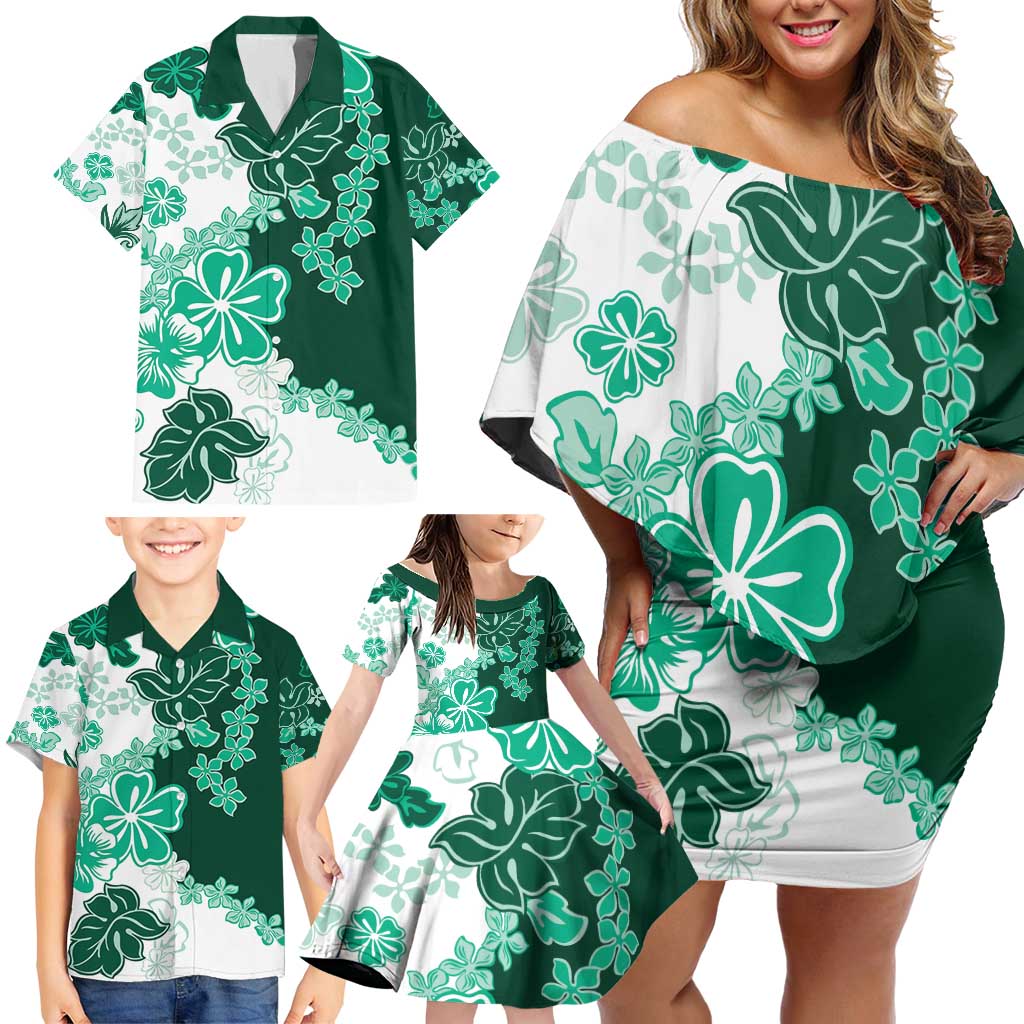 Green Hibiscus Plumeria Floral Family Matching Off Shoulder Short Dress and Hawaiian Shirt LT01 - Polynesian Pride