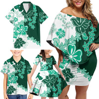 Green Hibiscus Plumeria Floral Family Matching Off Shoulder Short Dress and Hawaiian Shirt LT01 - Polynesian Pride