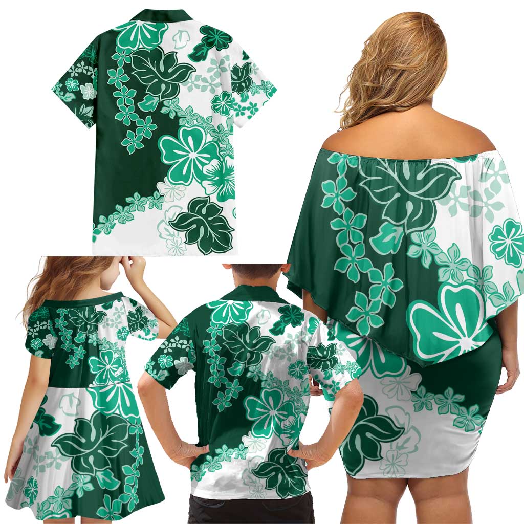 Green Hibiscus Plumeria Floral Family Matching Off Shoulder Short Dress and Hawaiian Shirt LT01 - Polynesian Pride