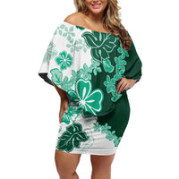 Green Hibiscus Plumeria Floral Family Matching Off Shoulder Short Dress and Hawaiian Shirt LT01 Mom's Dress Green - Polynesian Pride