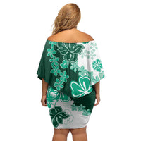 Green Hibiscus Plumeria Floral Family Matching Off Shoulder Short Dress and Hawaiian Shirt LT01 - Polynesian Pride