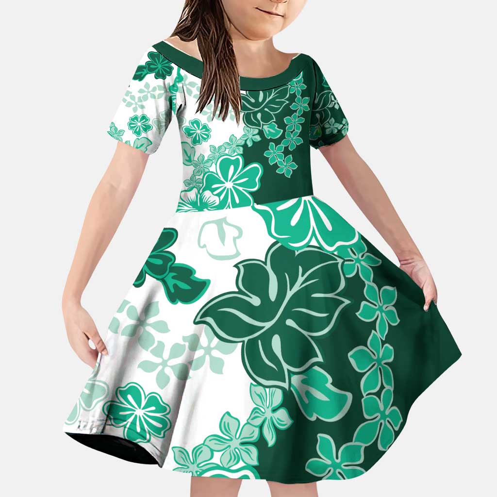 Green Hibiscus Plumeria Floral Family Matching Puletasi and Hawaiian Shirt LT01 Daughter's Dress Green - Polynesian Pride