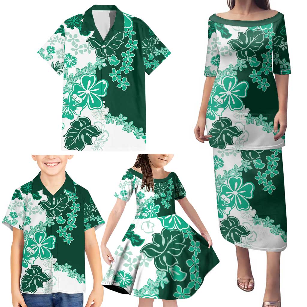 Green Hibiscus Plumeria Floral Family Matching Puletasi and Hawaiian Shirt LT01 - Polynesian Pride