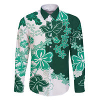 Green Hibiscus Plumeria Floral Family Matching Short Sleeve Bodycon Dress and Hawaiian Shirt LT01 Dad's Shirt - Long Sleeve Green - Polynesian Pride