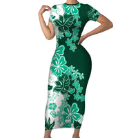 Green Hibiscus Plumeria Floral Family Matching Short Sleeve Bodycon Dress and Hawaiian Shirt LT01 Mom's Dress Green - Polynesian Pride