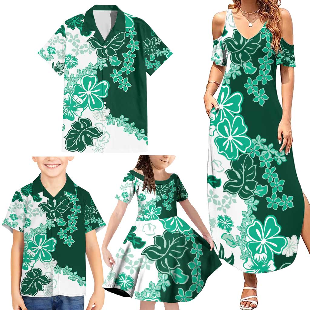Green Hibiscus Plumeria Floral Family Matching Summer Maxi Dress and Hawaiian Shirt LT01 - Polynesian Pride