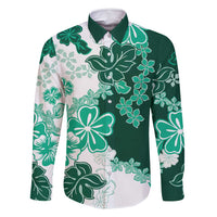 Green Hibiscus Plumeria Floral Family Matching Summer Maxi Dress and Hawaiian Shirt LT01 Dad's Shirt - Long Sleeve Green - Polynesian Pride