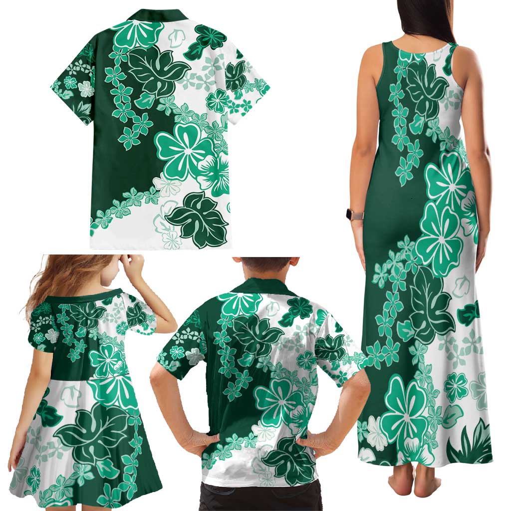 Green Hibiscus Plumeria Floral Family Matching Tank Maxi Dress and Hawaiian Shirt LT01 - Polynesian Pride