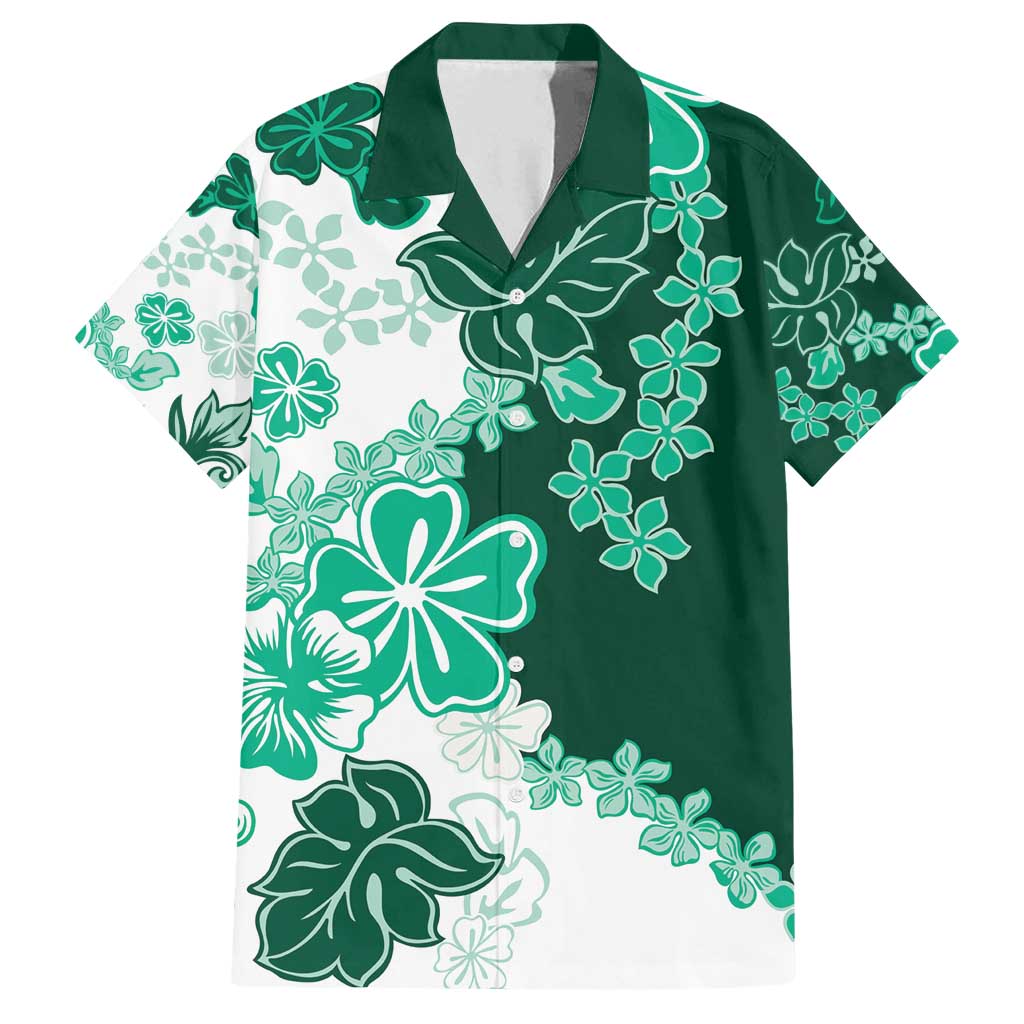 Green Hibiscus Plumeria Floral Family Matching Tank Maxi Dress and Hawaiian Shirt LT01 Dad's Shirt - Short Sleeve Green - Polynesian Pride