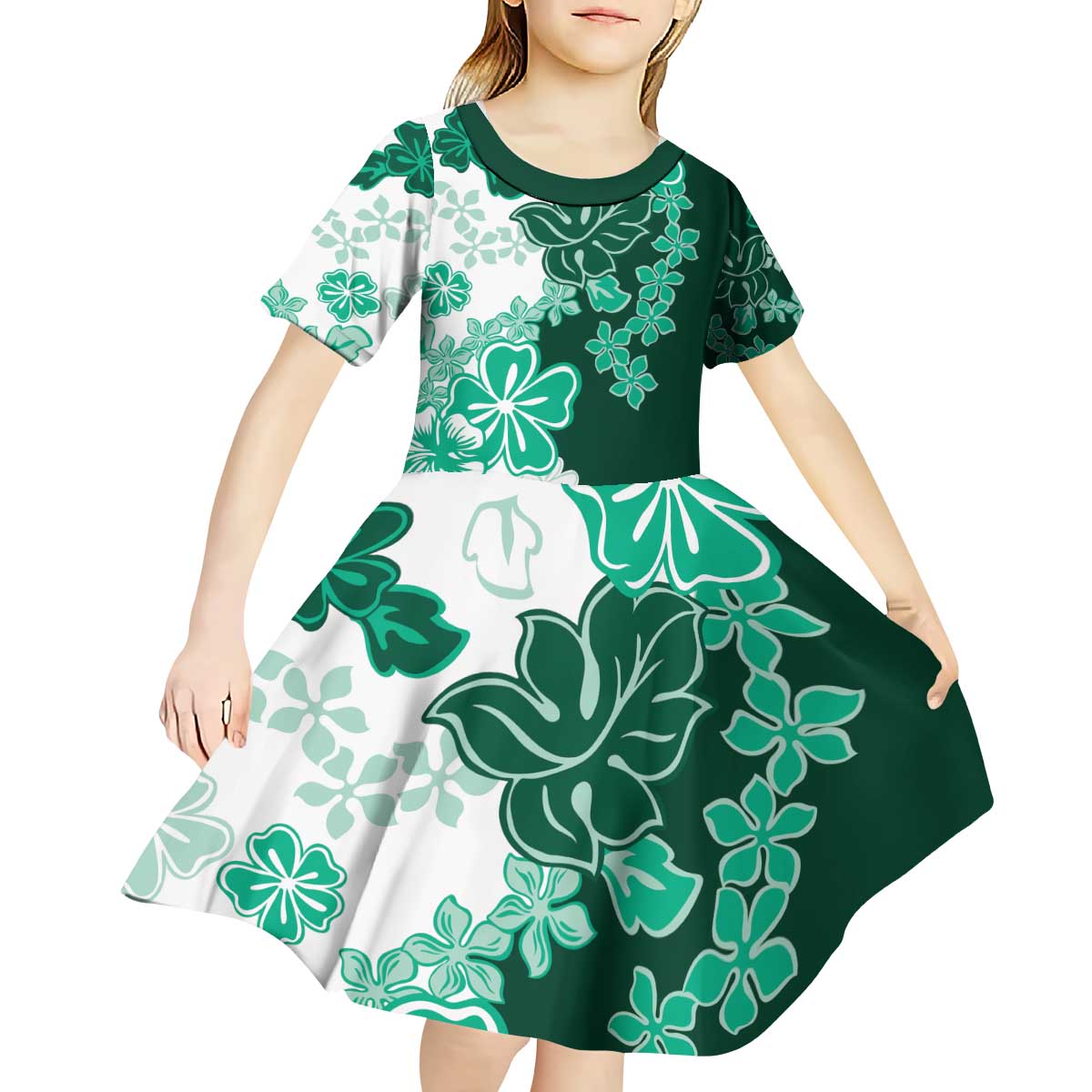 Green Hibiscus Plumeria Floral Kid Short Sleeve Dress LT01 - Polynesian Pride