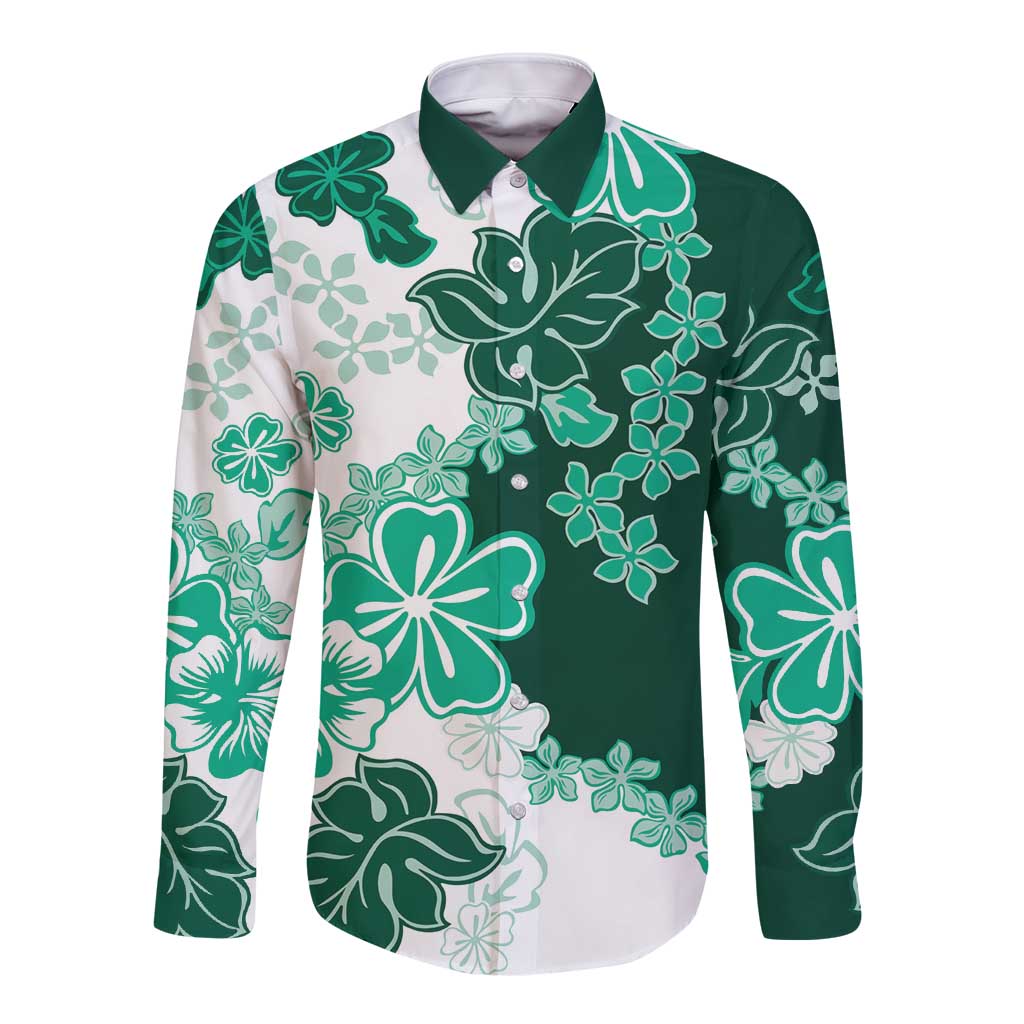 Green Hibiscus Plumeria Floral Long Sleeve Button Shirt - Polynesian Pride