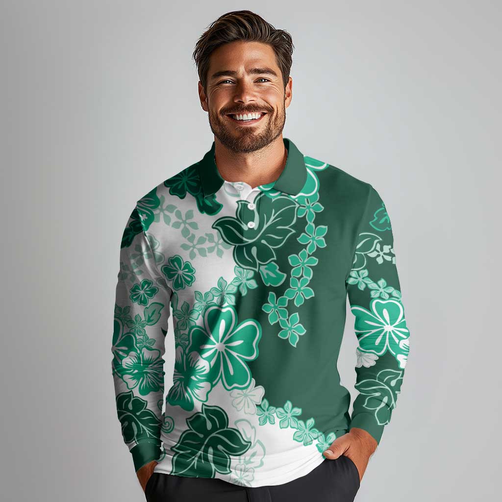 Green Hibiscus Plumeria Floral Long Sleeve Polo Shirt - Polynesian Pride