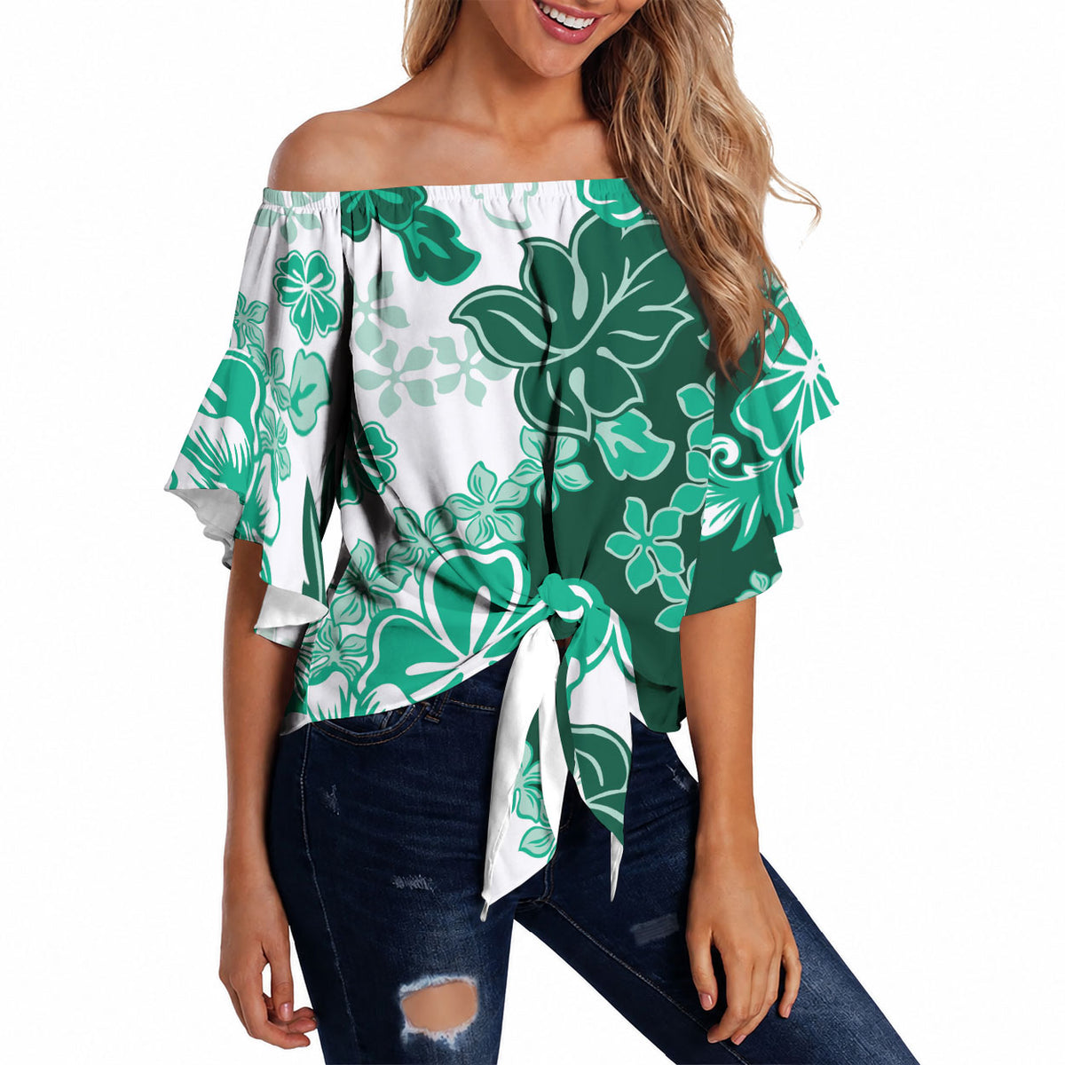 Green Hibiscus Plumeria Floral Off Shoulder Wrap Waist Top LT01 - Polynesian Pride