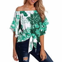 Green Hibiscus Plumeria Floral Off Shoulder Wrap Waist Top LT01 - Polynesian Pride