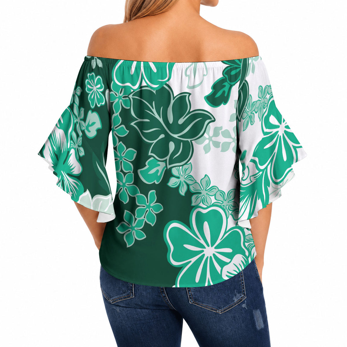 Green Hibiscus Plumeria Floral Off Shoulder Wrap Waist Top LT01 - Polynesian Pride