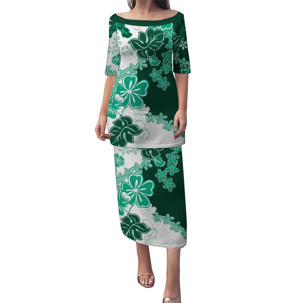 Green Hibiscus Plumeria Floral Puletasi - Polynesian Pride