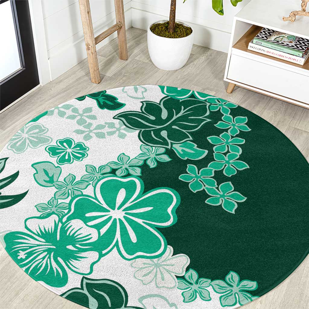 Green Hibiscus Plumeria Floral Round Carpet - Polynesian Pride