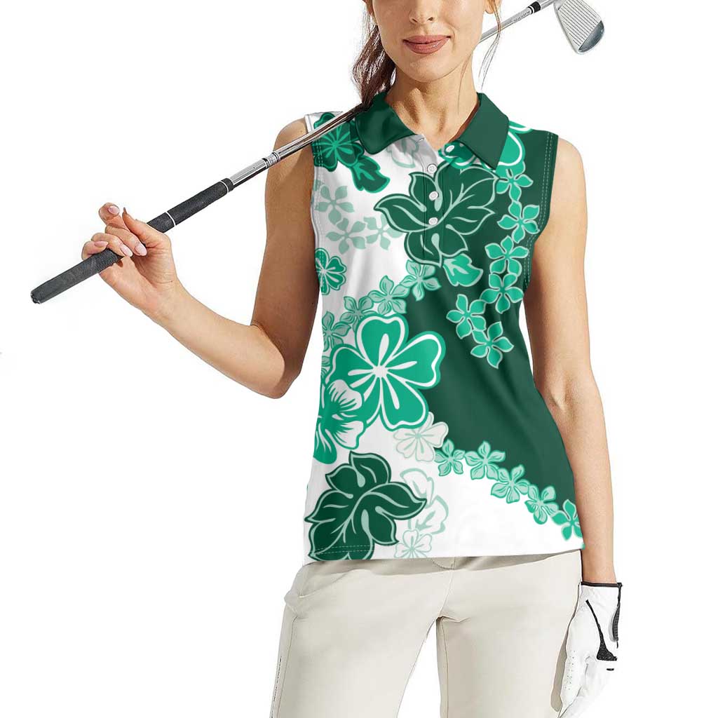 Green Hibiscus Plumeria Floral Women Sleeveless Polo Shirt LT01 - Polynesian Pride