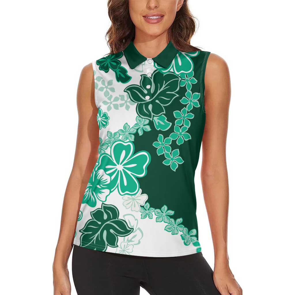 Green Hibiscus Plumeria Floral Women Sleeveless Polo Shirt LT01 - Polynesian Pride